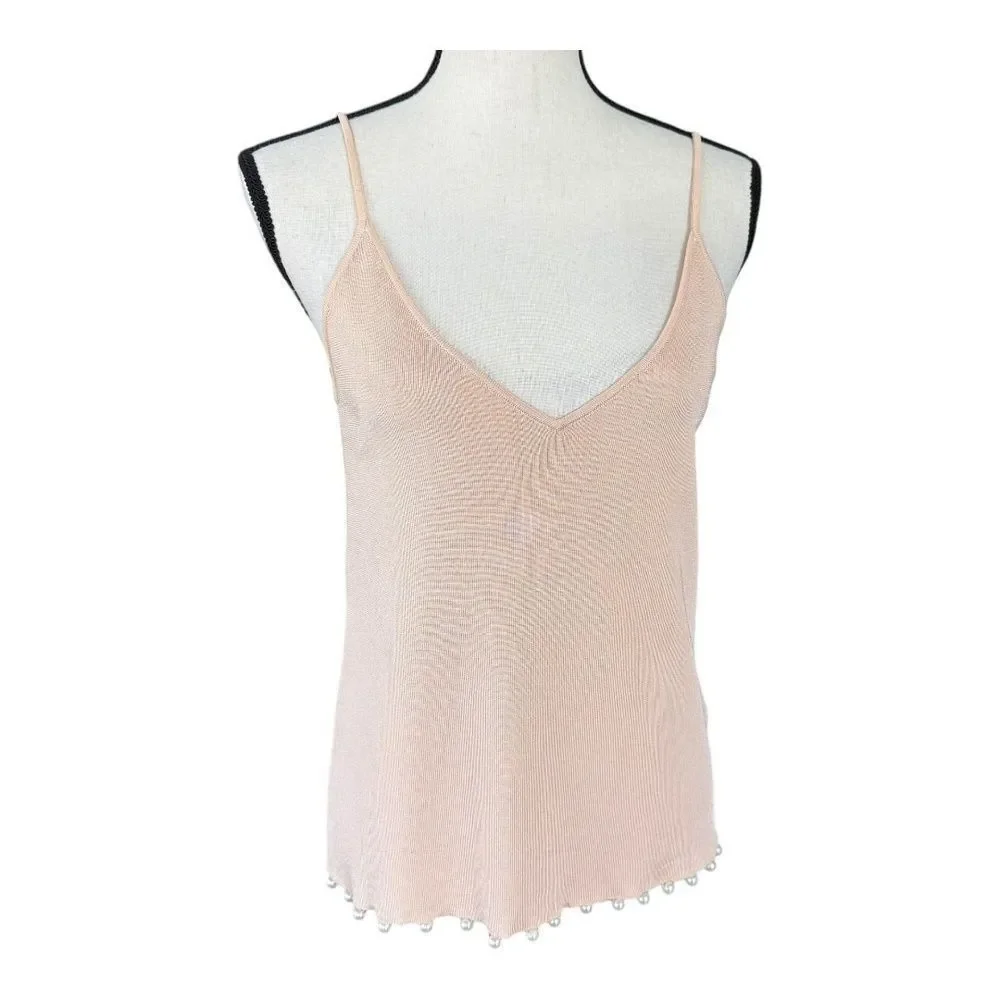 NWT Zara Knit Pink Ribbed Embellished Spaghetti Strap Camisole Top Womens M